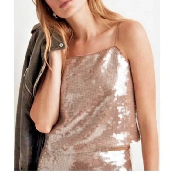 Madewell Women's Small Cami Beige Tank Top Sequined Fallen Timber Lined Sparkle‎ - Picture 4 of 16
